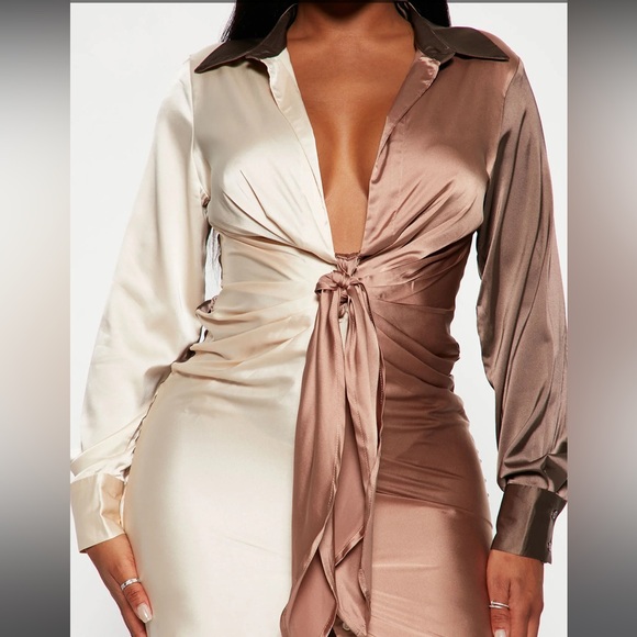 Mocha & Cream Satin Midi Dress - Long Sleeve - Size L - Picture 2 of 9